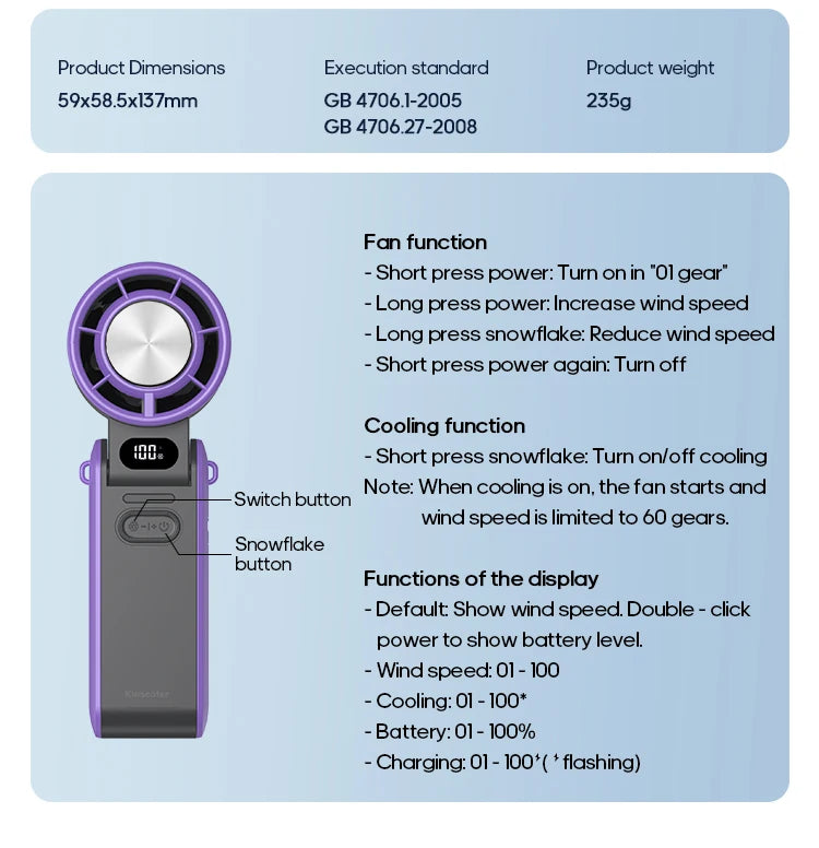 Mini Ventilateur Puissant à Main 100 Vitesses – USB Rechargeable 3600mAh, Pliable & Silencieux – Idéal Canicule & Voyage - AirSoin