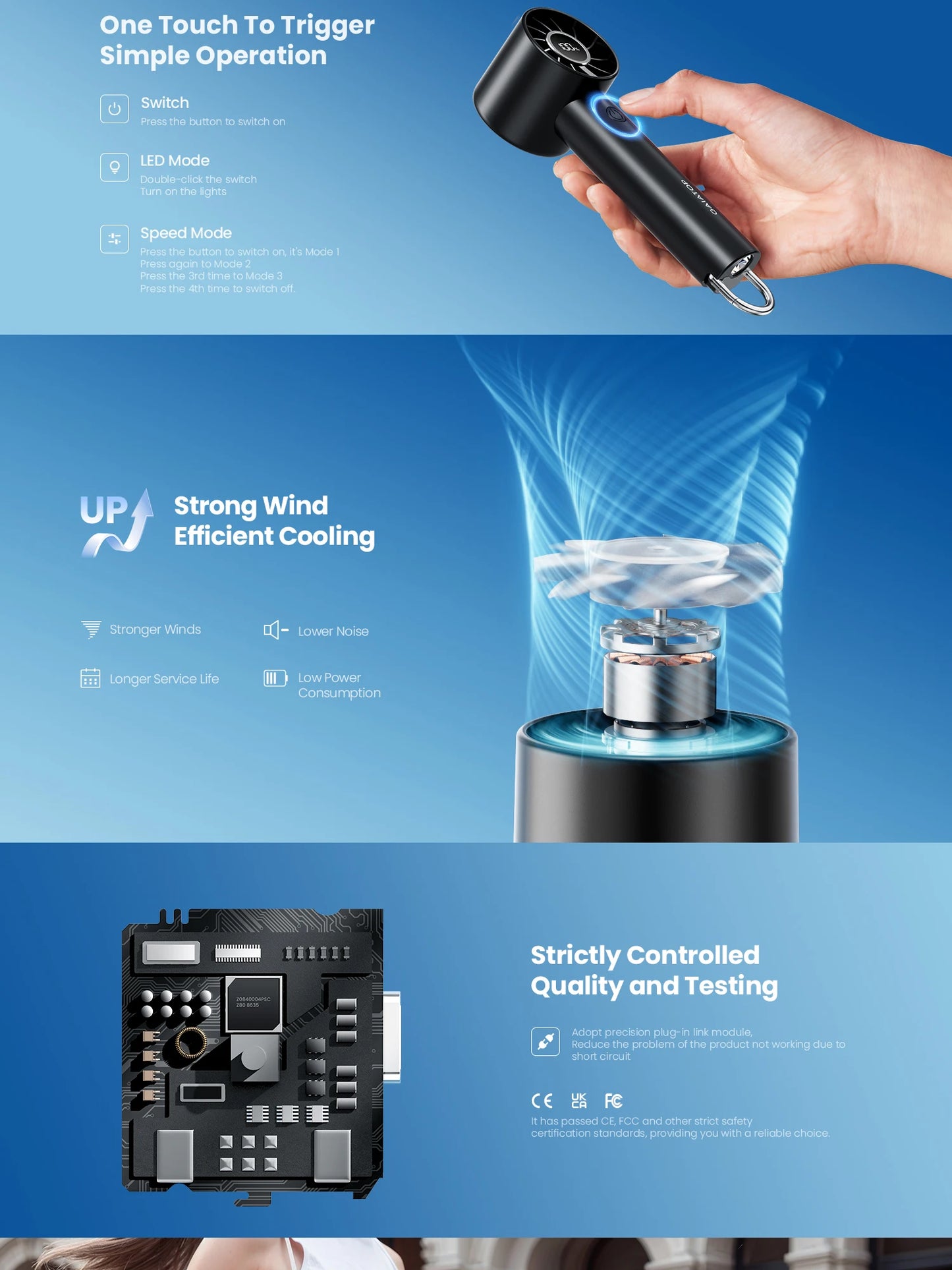 Ventilateur Portatif Mini – Ventilateur de Poche avec Écran LED & Lampe Torche, 3 Vitesses, Batterie USB Rechargeable 2000mAh - AirSoin