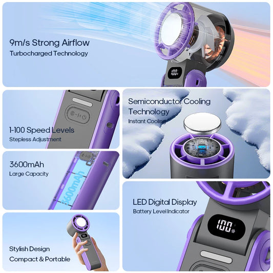 Mini Ventilateur Puissant à Main 100 Vitesses – USB Rechargeable 3600mAh, Pliable & Silencieux – Idéal Canicule & Voyage - AirSoin